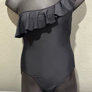 Black One-Shoulder Ruffle Kids One Piece